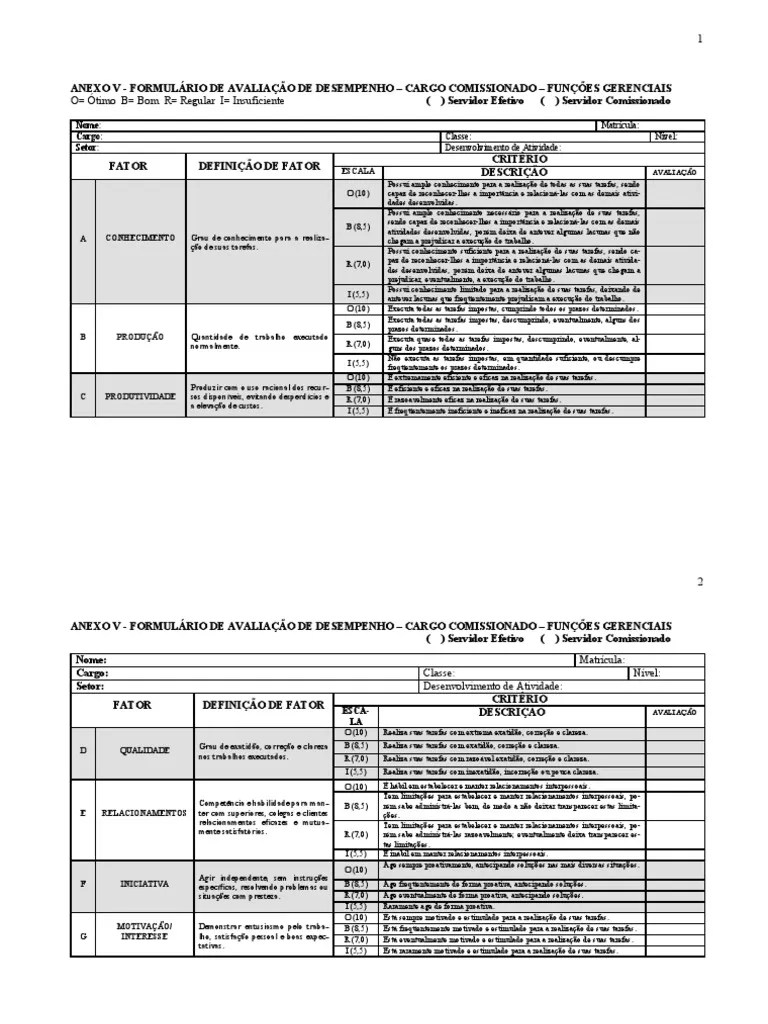 Fichas Formulário De Avaliação De Desempenho - Nível Básico | PDF | Avaliação De Desempenho ...