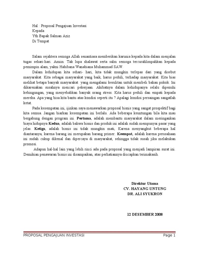 Sebagai bahan pertimbangan dan analisa, kami lengkapi proposal ini dengan hasil analisa tentang rencana pengembangan usaha ini. Proposal Investasi Pdf