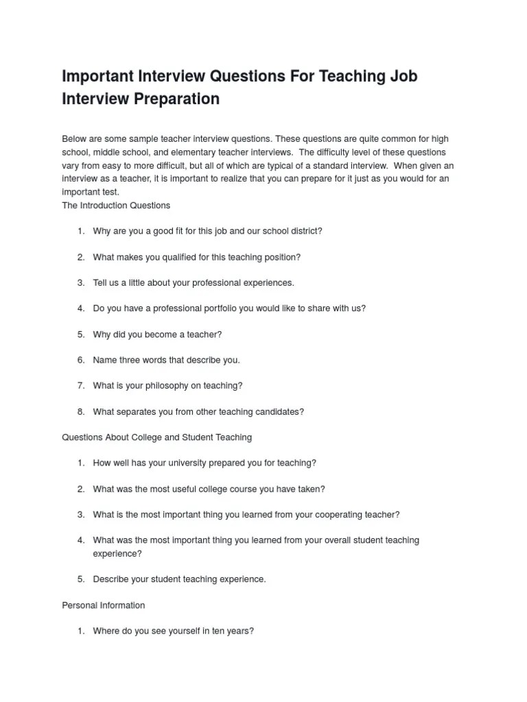 Important Interview Questions For Teaching Job Interview Preparation | Classroom Management ...