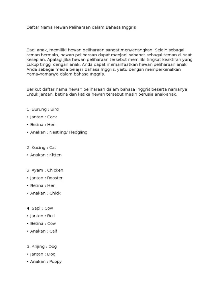 Daftar Nama Hewan Peliharaan Dalam Bahasa Inggris | PDF
