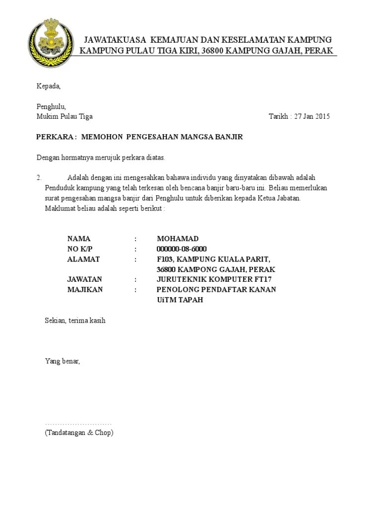 Contoh surat sokongan majikan untuk sambung belajar. Contoh Surat Pengesahan Mangsa Banjir Pdf