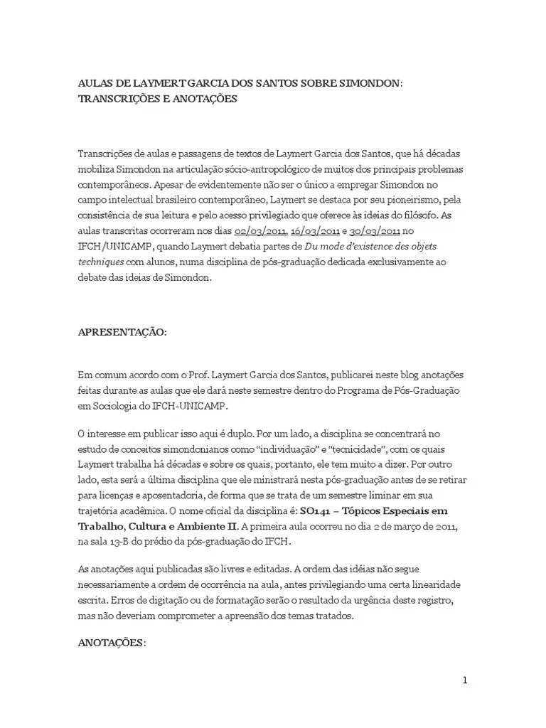 Aulas De Laymert Garcia Sobre Simondon | PDF | Pensamento | Sociologia