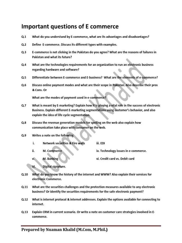 Important Questions Of E Commerce | PDF | Electronic Business | E Commerce