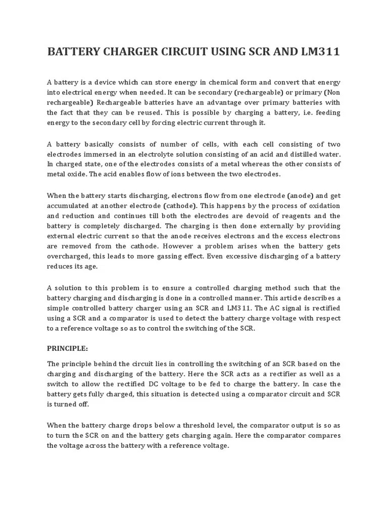 Battery Charger Circuit Using SCR And Lm311 | PDF | Battery (Electricity) | Battery Charger