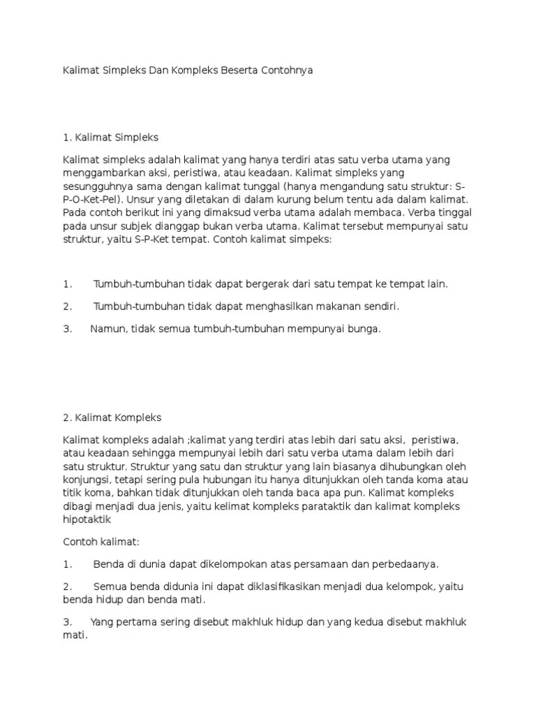 Kalimat Simpleks Dan Kompleks Beserta Contohnya | PDF