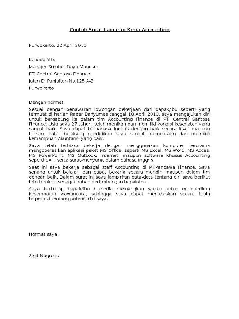 Contoh Surat Lamaran Pekerjaan Untuk Akuntansi Dan Keuangan Staff Accounting Managemen Akuntansi Dll Tanpakoma Dengan hormat Berdasarkan informasi lowongan pekerjaan untuk posisi pemasaran yang saya dapatkan di surat kabar Harian Pos edisi 10 Januari 2021 dengan ini saya bermaksud melamar pekerjaan sebagai Staf Marketing di PT Berkas Jaya Grup.