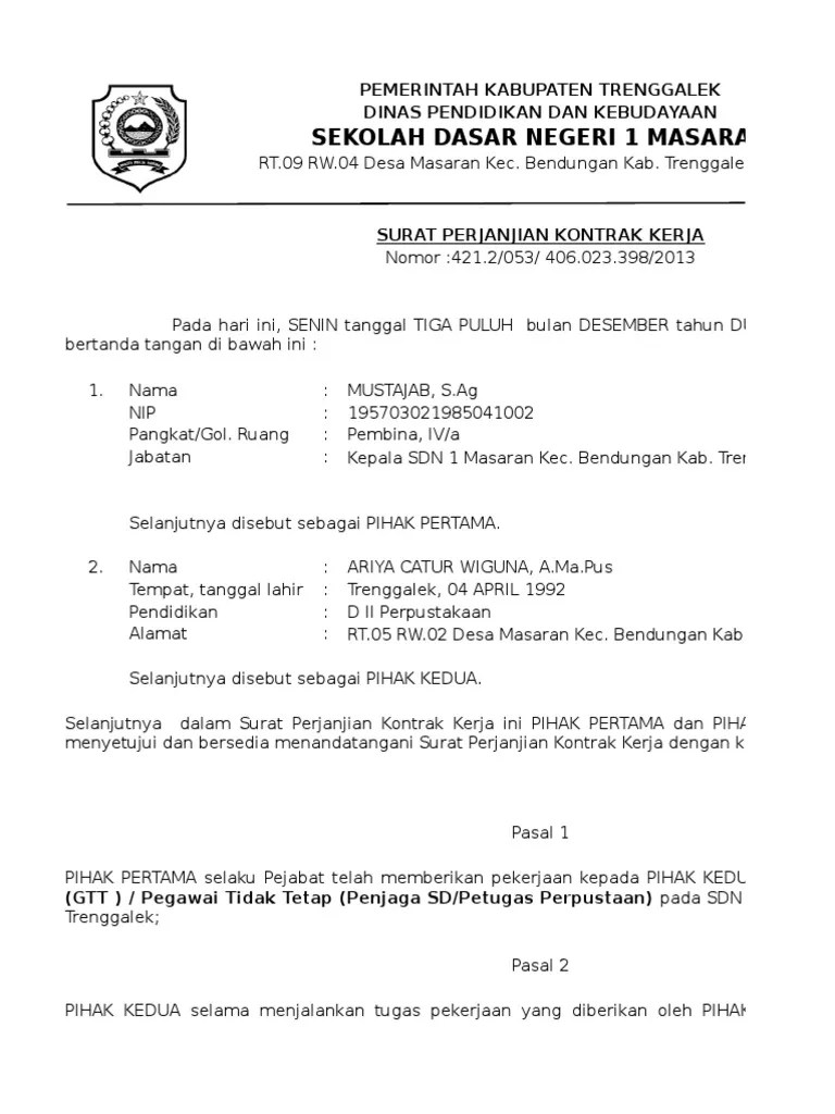 Kontrak. Kerja : Contoh Surat Perjanjian Kerja Gtt Contoh Surat