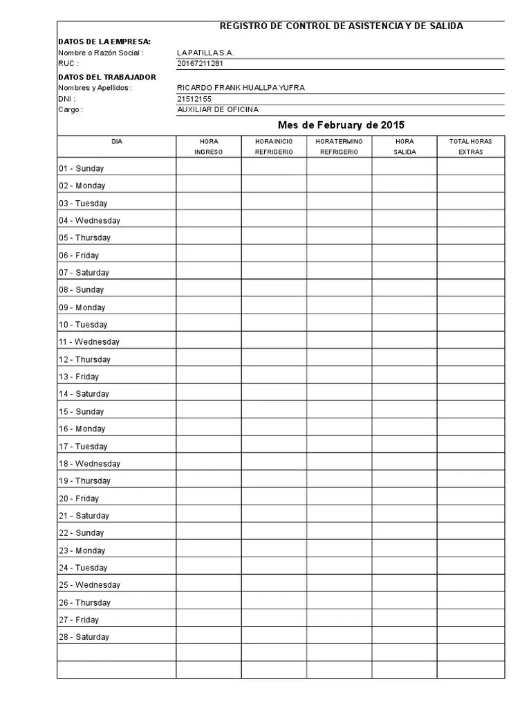 Modelo De Registro De Control De Asistencia Y De Salida Por Trabajador - TodoDocumentos - Info | PDF
