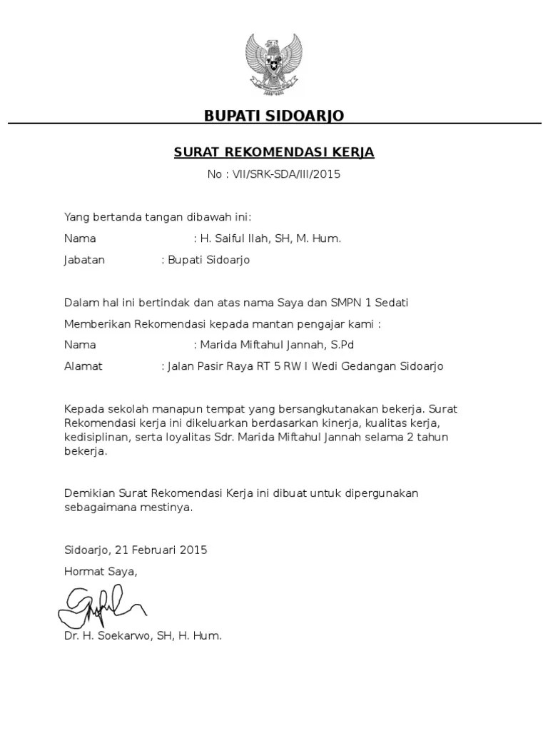 Contoh job description manajer sdm atau hrd manager. Contoh Surat Rekomendasi Kerja Bupati