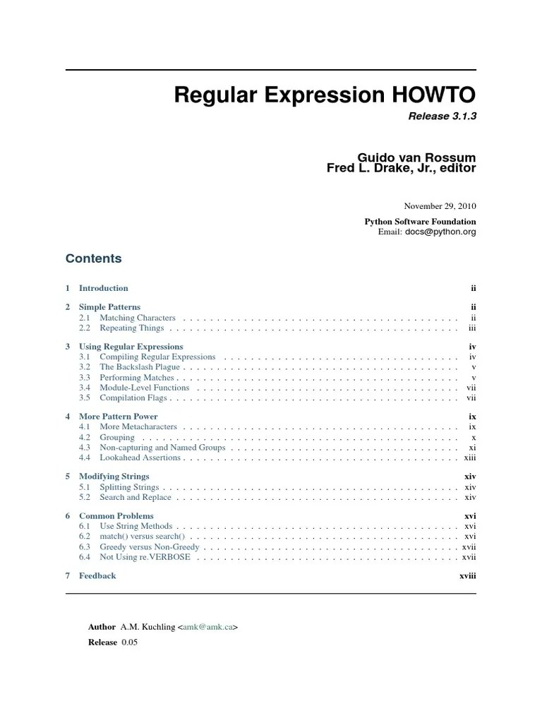 Regular Expression HOWTO: Guido Van Rossum Fred L. Drake, JR., Editor ...