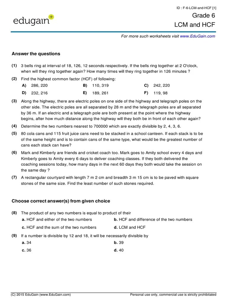 grade6 lcm and hcf pdf mathematical objects mathematical concepts