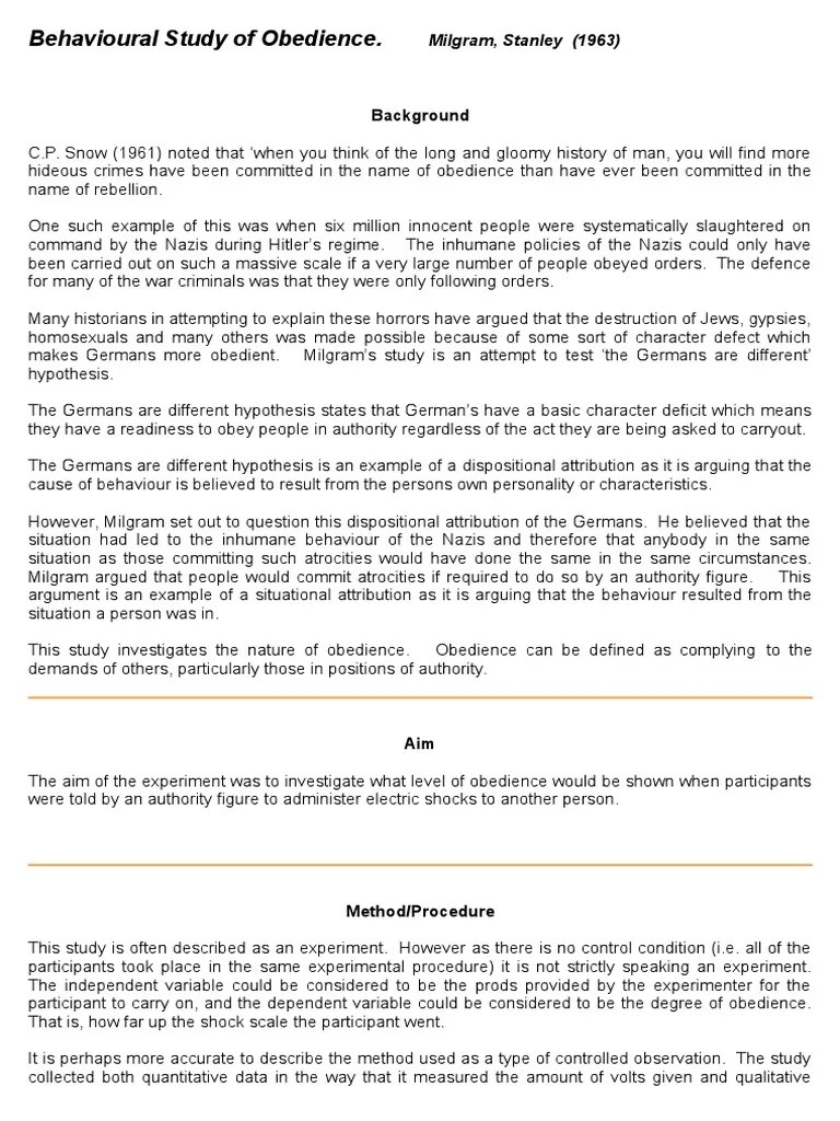 Summary Behavioural Study Of Obedience | PDF | Obedience (Human Behavior) | Experiment