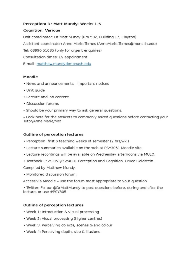 PSY3051 Perception Lecture 1 | PDF | Chemical Synapse | Neuron