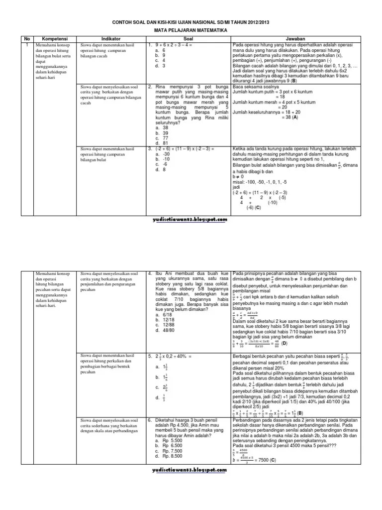Maybe you would like to learn more about one of these? Kisi Kisi Contoh Soal Dan Kunci Jawaban Matematika Un Kelas 6 Pdf