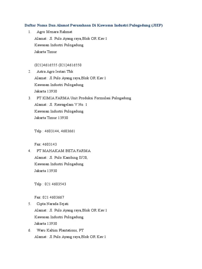 Daftar Nama Dan Alamat Perusahaan Di Kawasan Industri Pulogadung | PDF