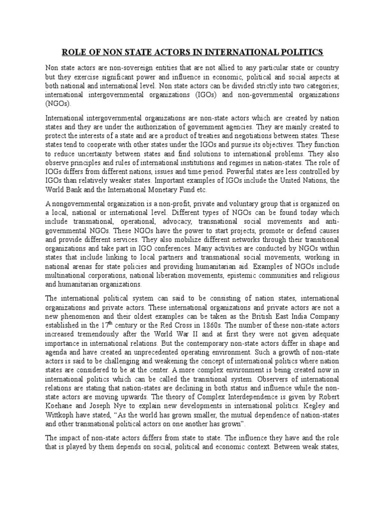 The Role Of Non-State Actors In International Politics | PDF | Non Governmental Organization ...