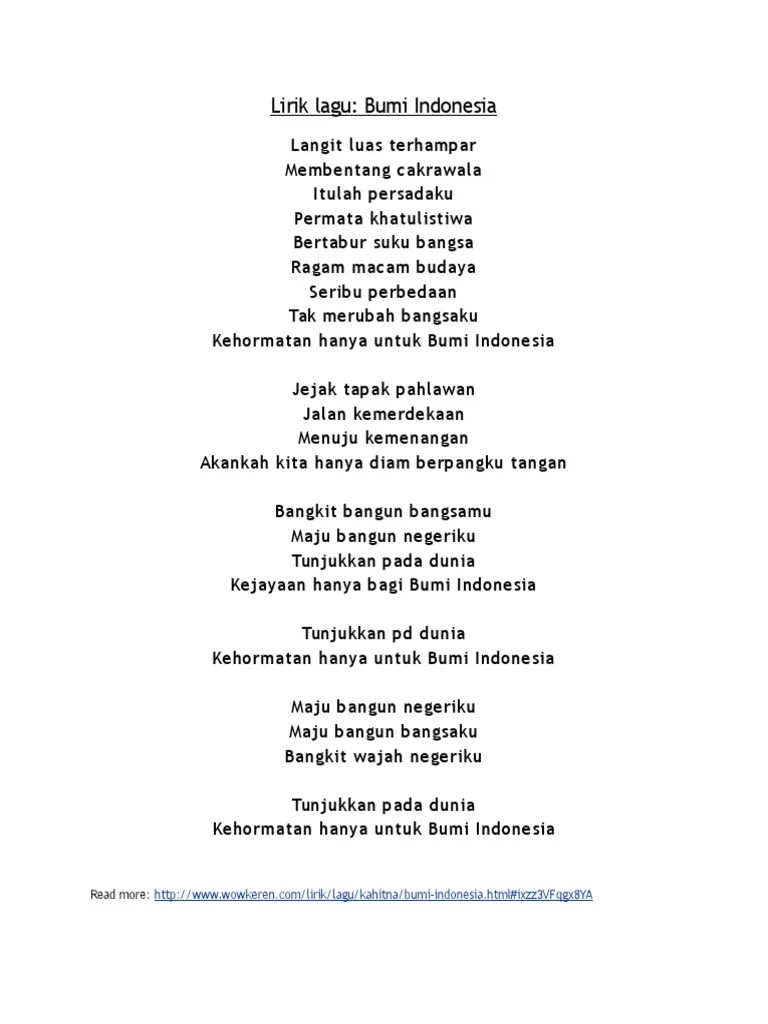 Itu merupakan kutipan lirik lagu hei indonesiaku yang di nyanyikan oleh dhevy geranium. Lirik Lagu Bumi Indonesia Pdf