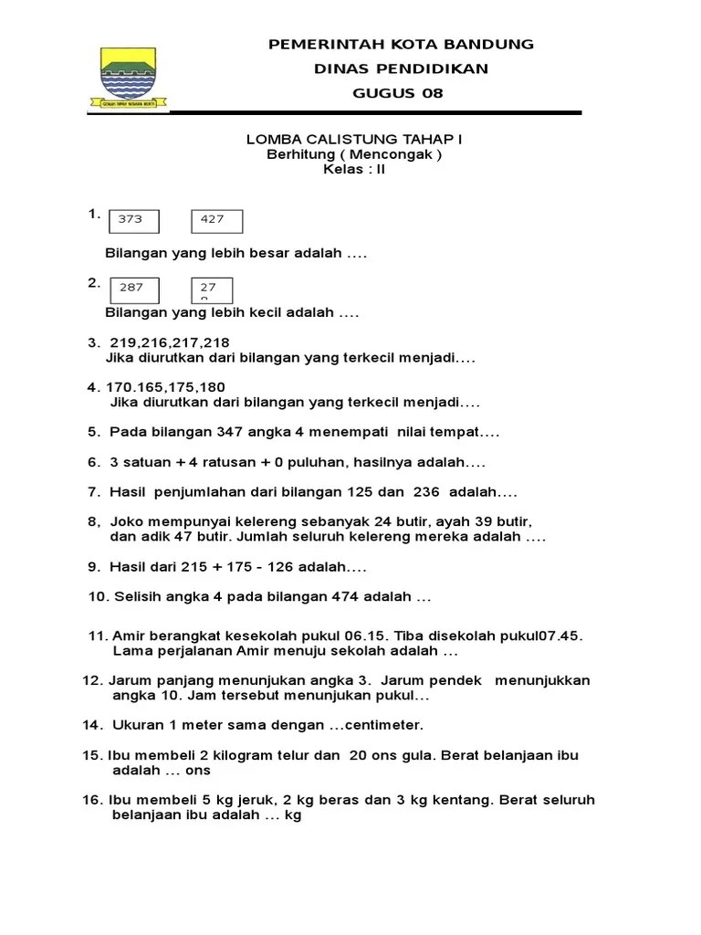 Contoh soal calistung kelas 2