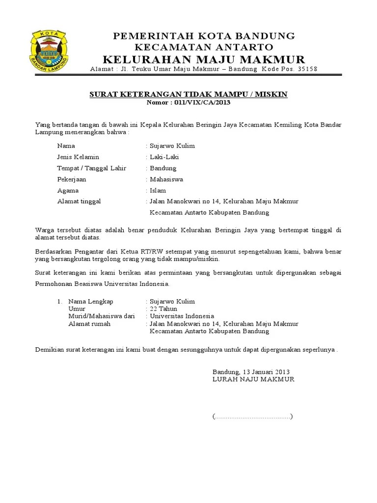 Contoh Surat Pernyataan Tidak Mampu Dari Orang Tua Contoh Seputar Surat 