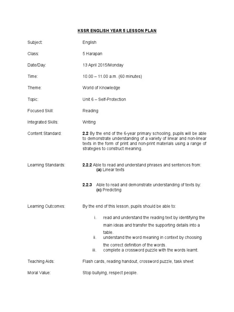 English KSSR Year 5 Unit 6 Lesson Plan | PDF | Lesson Plan | Reading (Process)