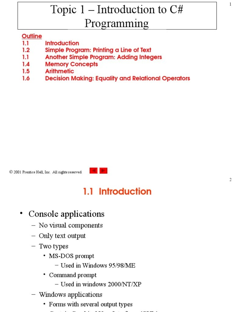 Topic 1 – Introduction To C# Programming.ppt | C Sharp (Programming ...