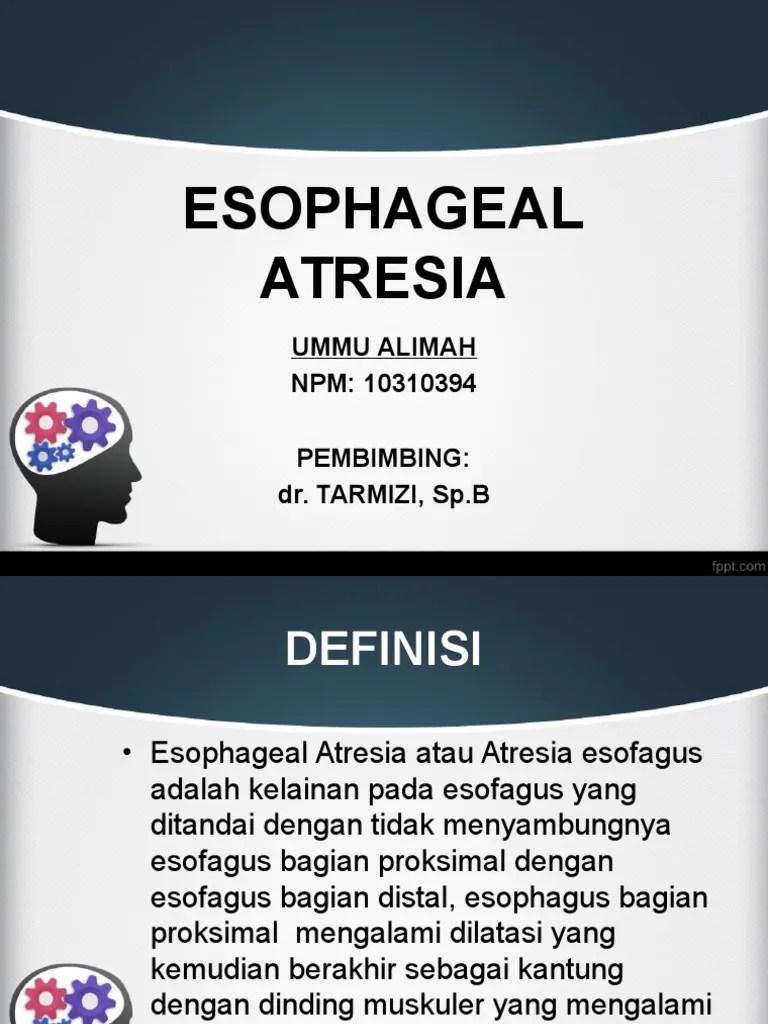 Atresia esofagus adalah keadaan tidak terbentuknya saluran esofagus secara sempurna saat janin di dalam kandungan. Atresia Esofagus Pdf