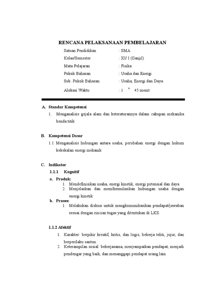 Fisika kelas 10 sma materi tentang usaha. Rpp Tentang Usaha Energi Pdf