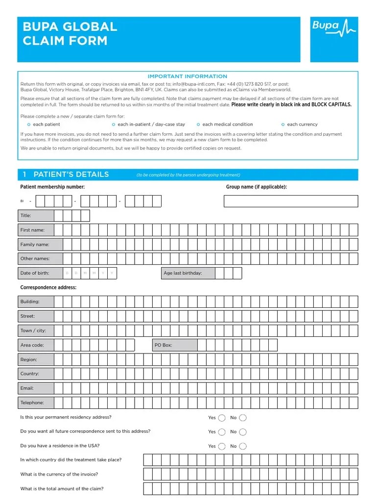 Bupa Global Claim Form: 1 Patient'S Details | PDF | Cheque | Payments
