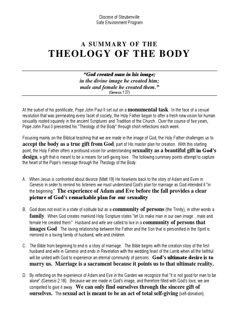 A Summary Of The Theology Of The Body Lust Adam And Eve