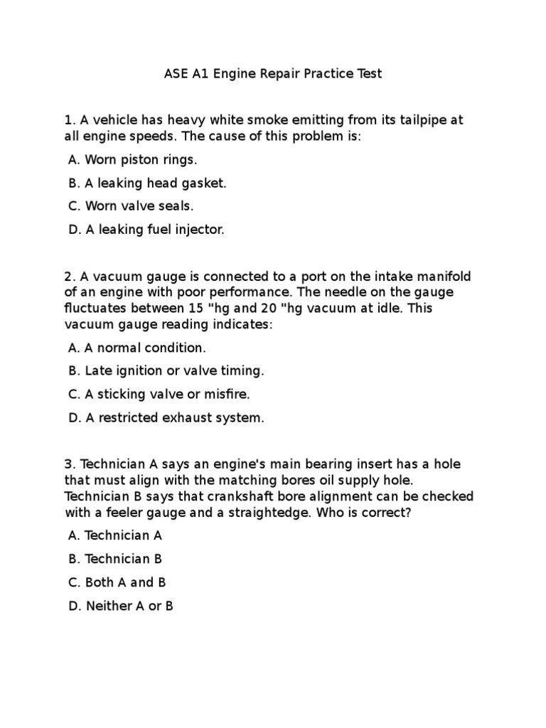 ASE A1 Engine Repair Practice Test | Turbocharger | Internal Combustion Engine
