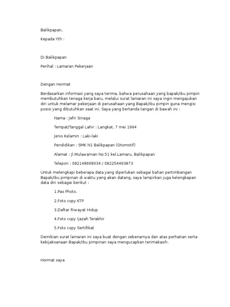 Cara membuat surat lamaran kerja harus . Edit Contoh Surat Lamaran Pdf