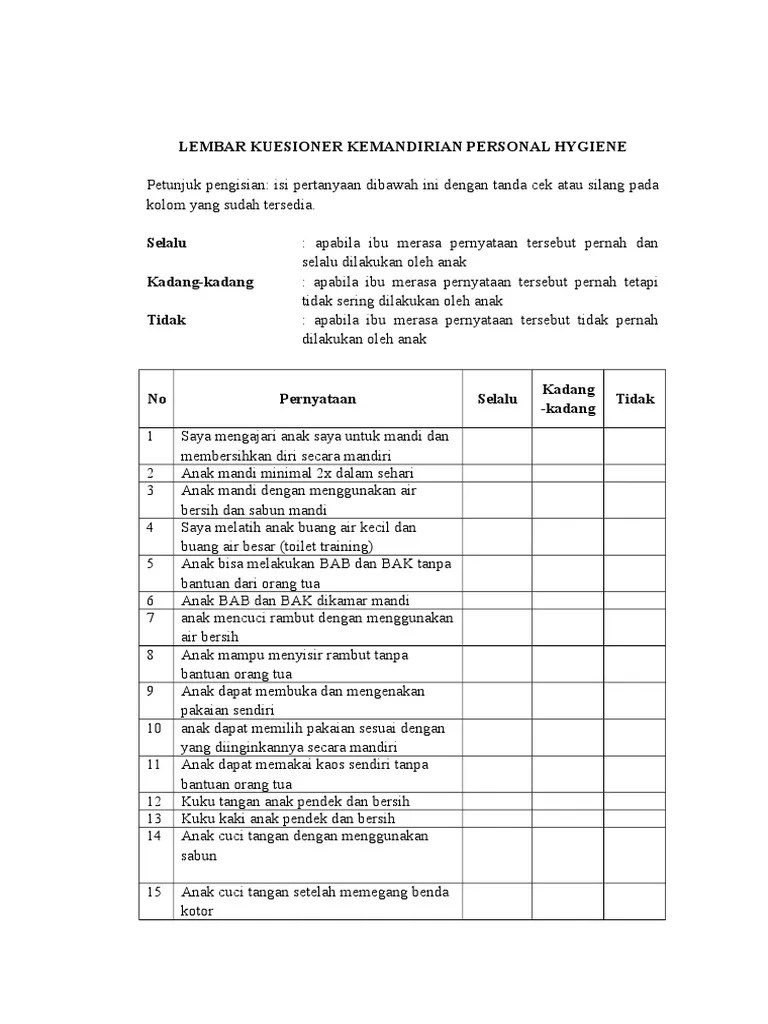 Lembar Kuesioner Kemandirian Personal Hygiene | PDF