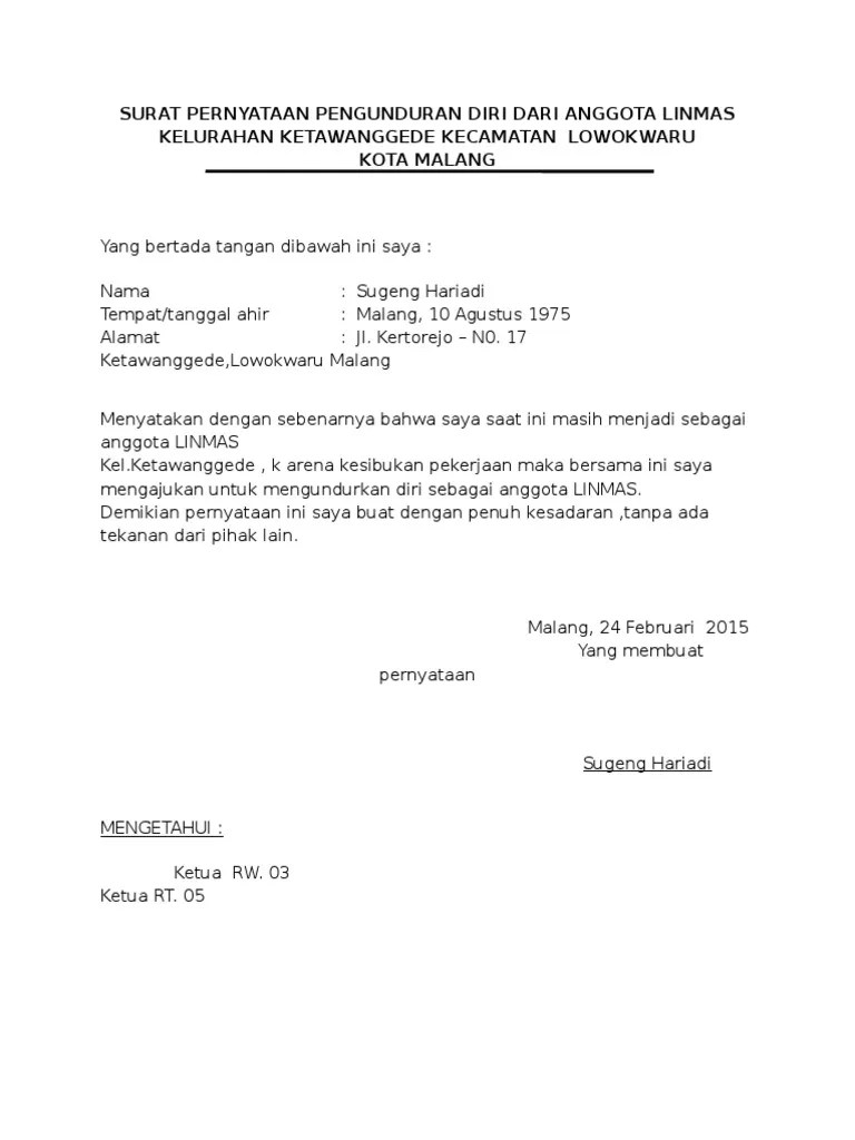 Dengan ini menyatakan mengundurkan diri sebagai peserta penerima bantuan iuran jaminan kesehatan dan berubah jenis kepesertaan menjadi pekerja penerima upah pekerja bukan penerima upah bukan. Surat Pernyataan Pengunduran Diri Dari Anggota Linmas Pdf