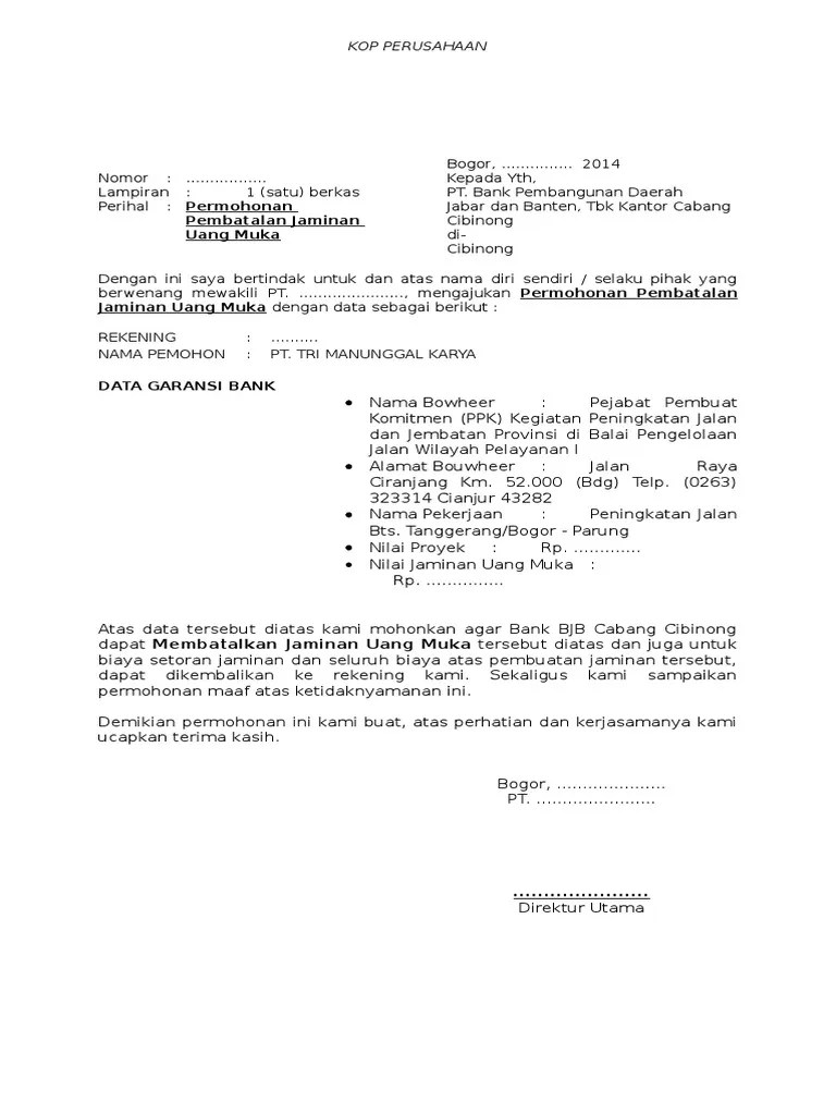 Contoh Surat Permintaan Bank Garansi Contoh Surat 