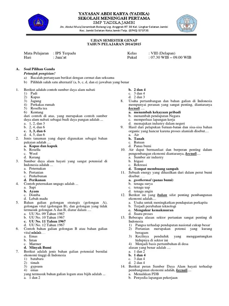Kunci jawaban matematika kelas 8 halaman 302 303 304 305 306 307 308 309 uji kompetensi 10 pilihan ganda dan. Soal Ips Kelas Viii Sem 2 K13