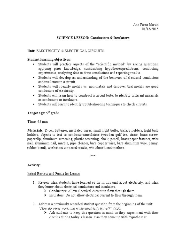 Demonstrate the concept of conducting or insulating electricity. Lesson Plan Science 011615 Pdf Electrical Conductor Insulator Electricity