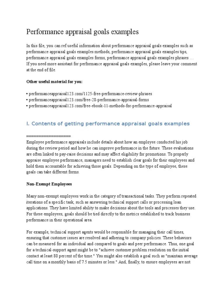 Performance Appraisal Goals Examples | PDF | Performance Appraisal | Goal