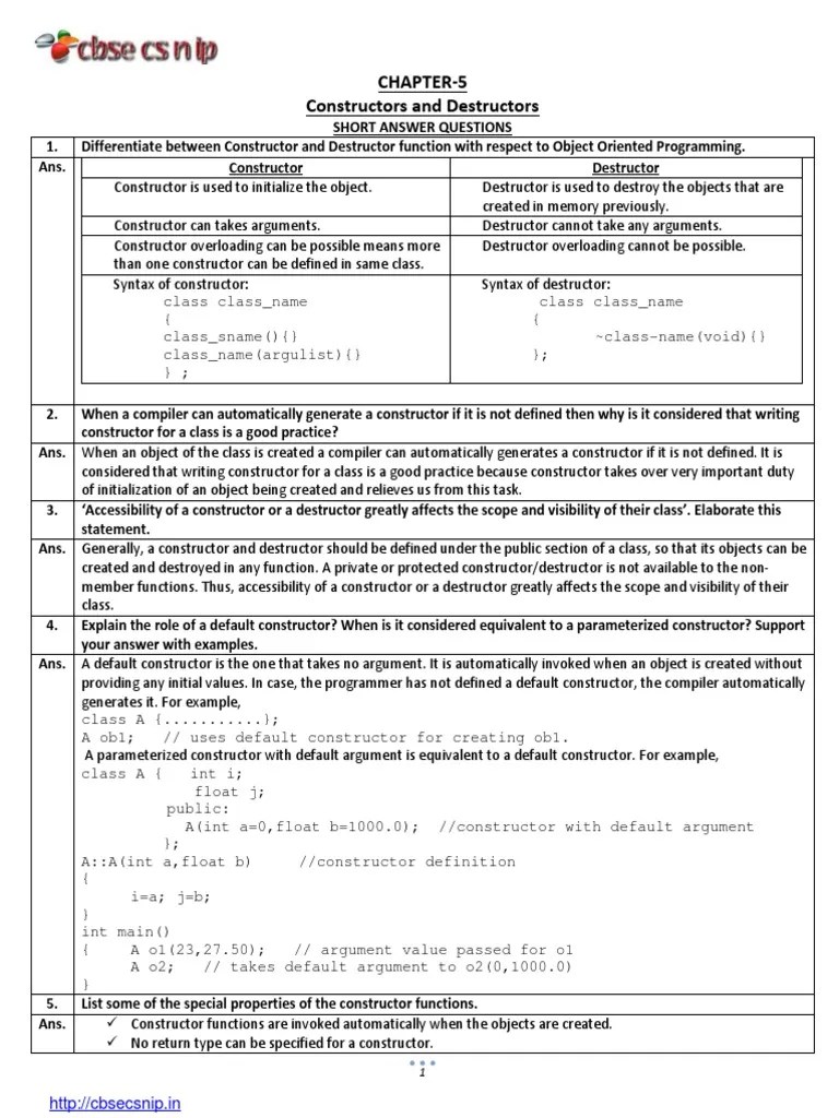 Computer Science Chapter 5 Constructors And Destructors From Sumita ...