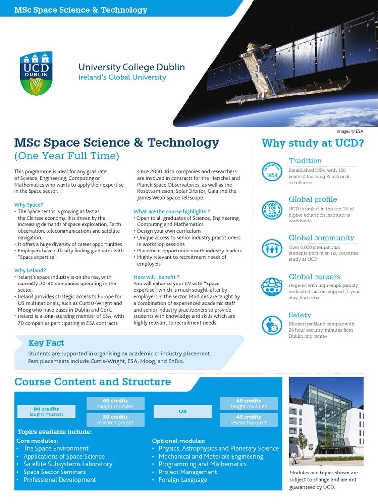 UCD MSC Space Science And Technology Brochure | PDF | Postgraduate Education | European Space Agency