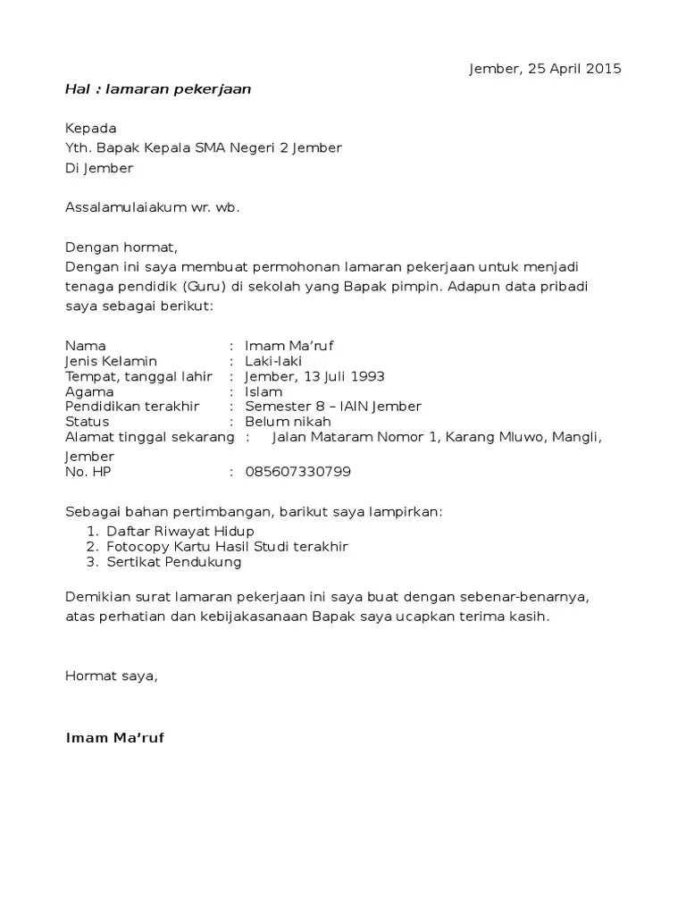 Format cv.docx jadi bisa di buka menggunakan aplikasi ms. Contoh Surat Lamaran Kerja Guru Pesantren Luahan Hai Matika