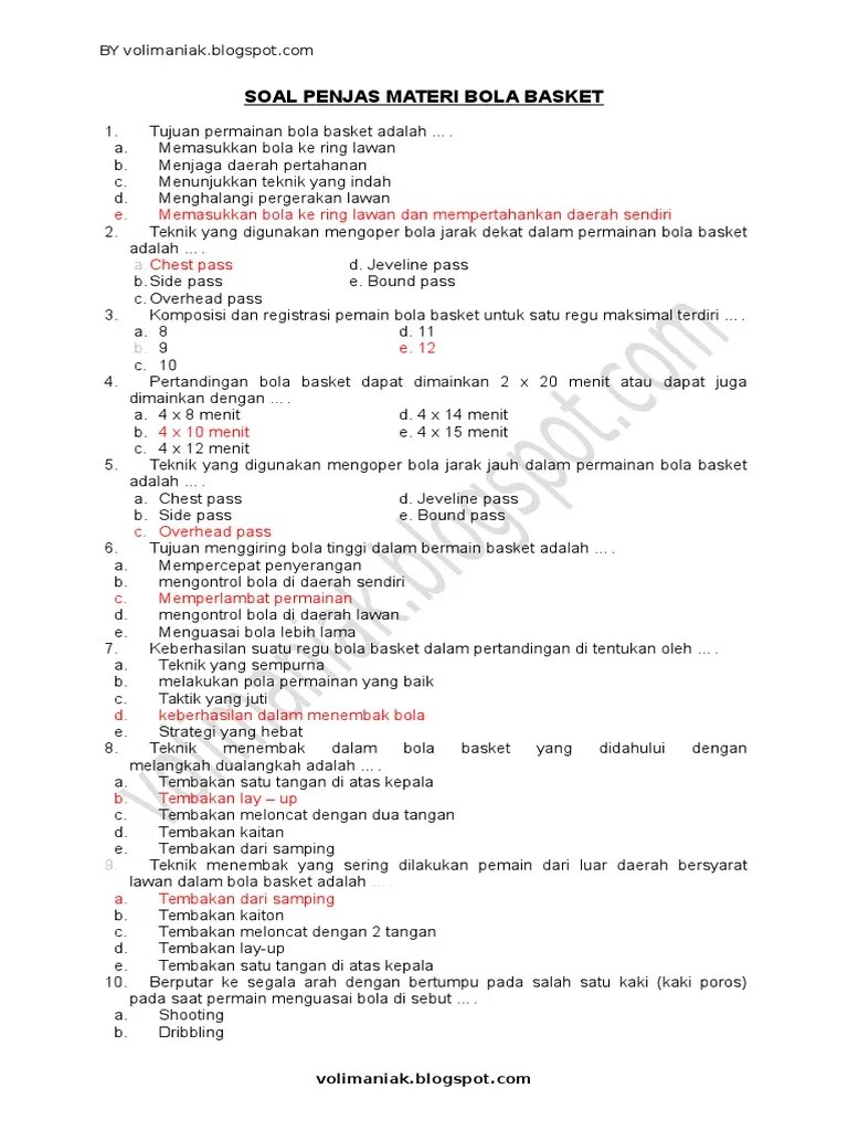 Contoh soal pas pjok kelas viii smp untuk kurikulum 2013 tahun pelajaran 2020/2021 ini bisa digunakan oleh peserta didik sebagai bahan tambahan untuk belajar yang sudah lengkap dengan jawaban. Soal Uraian Penjas Kelas Xi Materi Bola Basket Jawabanku Id