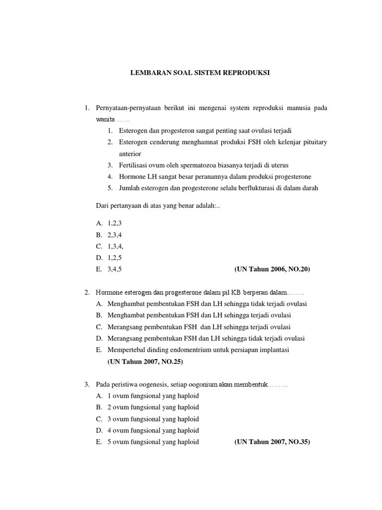 Pilihlah salah satu jawaban jawaban yang dianggap paling . Soal Essay Reproduksi Manusia