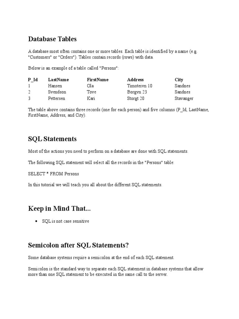 Database Tables: P - Id Lastname Firstname Address City | PDF | Sql ...