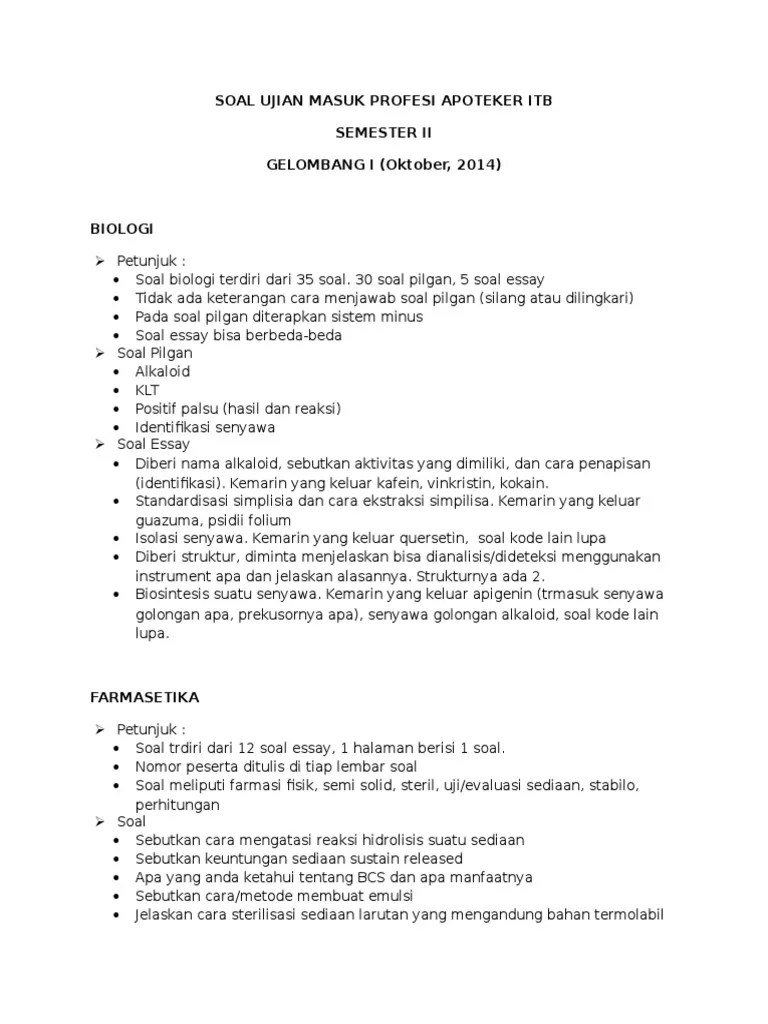 1 kumpulan soal ujian komprehensif program apoteker fakultas farmasi untag jakarta bidang industri 1. Soal Ujian Profesi Apoteker Itb Pdf