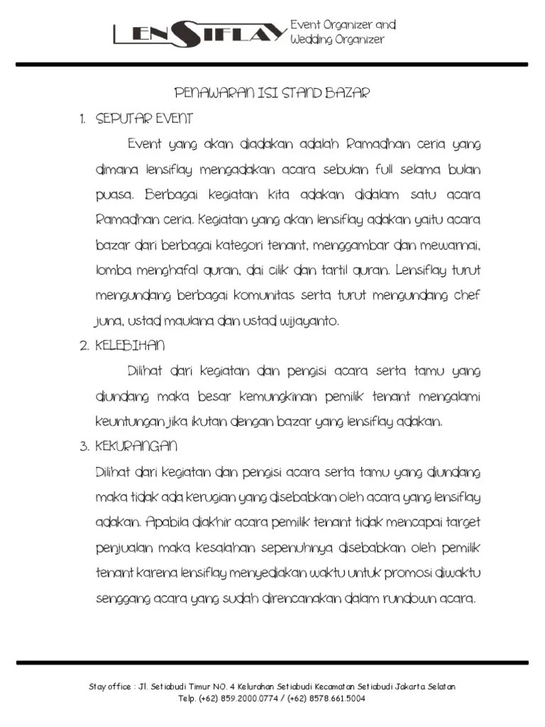 Rancangan kerja ini akan dilaksanakan sebagai suatu program. Contoh proposal Bazar