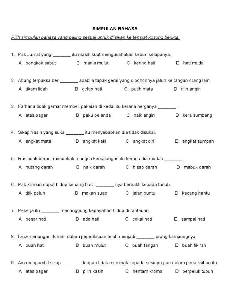 Plilih jawapan yang paling sesuai. Latihan Simpulan Bahasa Pdf