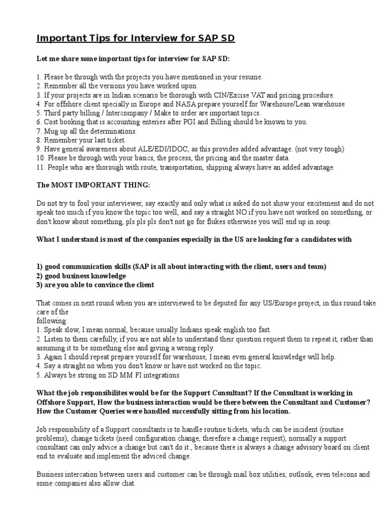 Important Tips For Interview For SAP SD | PDF | Invoice | Sales