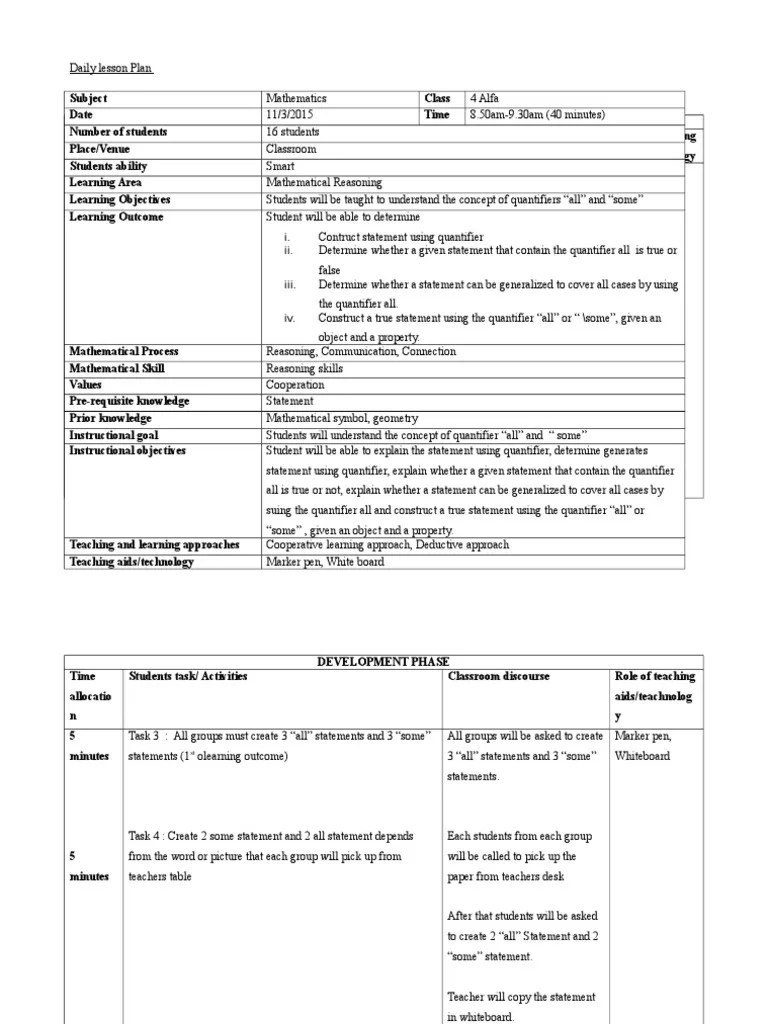 Lesson Plan Mathematics | Lesson Plan | Classroom
