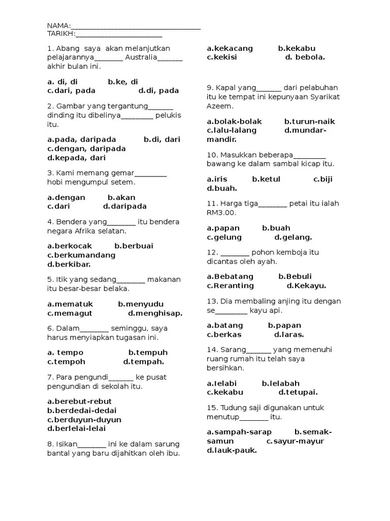 September 19, 2022 soalan latih tubi bahasa melayu ini adalah himpunan contoh soalan bahasa melayu tahun 2 untuk rujukan dan latihan para pelajar dan guru. Latihan Tatabahasa Bm Tahun 4 20 Soalan Pdf