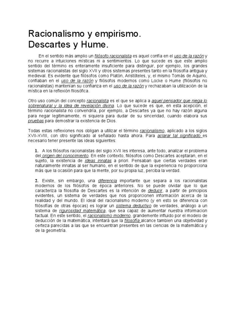 Racionalismo Y Empirismo. Descartes Y Hume. | PDF | Racionalismo | René Descartes